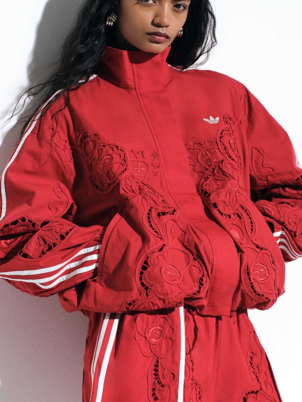 adidas Red Embroidered Bomber Jacket with White Stripes